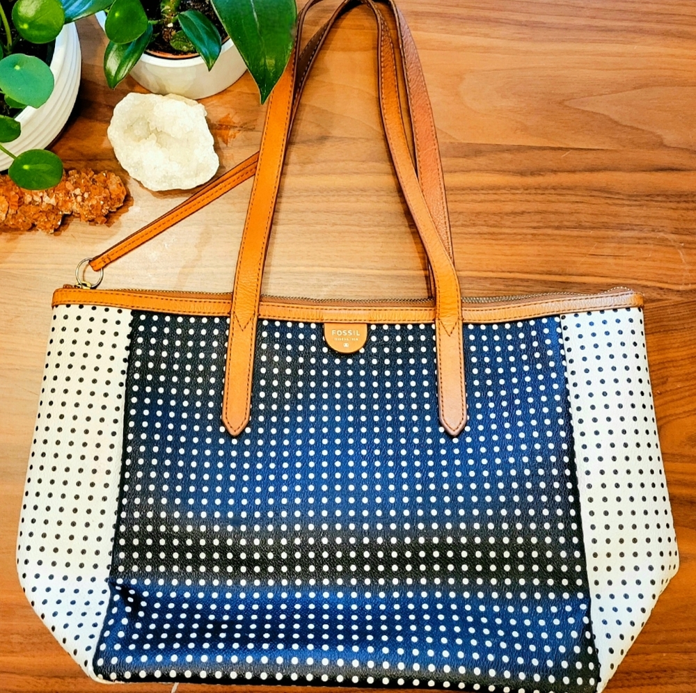Fossil Sydney Shopper Tote Polka Dot Black and White